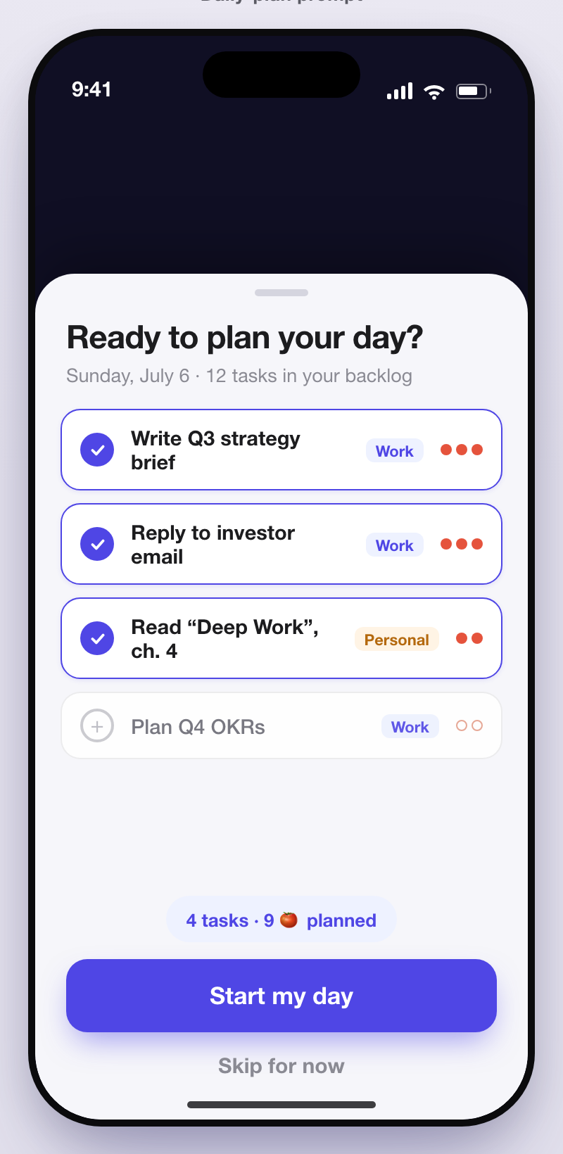 Deepday daily plan prompt pulling tasks from the backlog