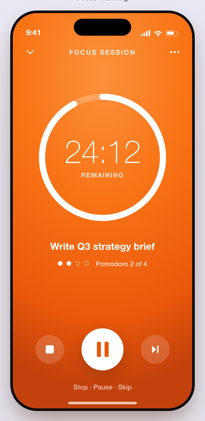 Deepday focus session with a Pomodoro timer and progress ring