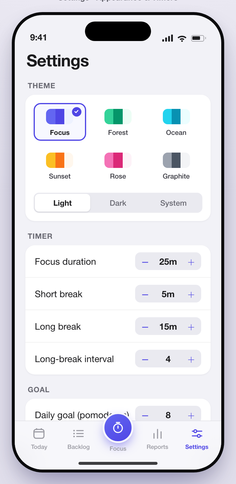 Deepday settings with themes, timer controls, and daily goal