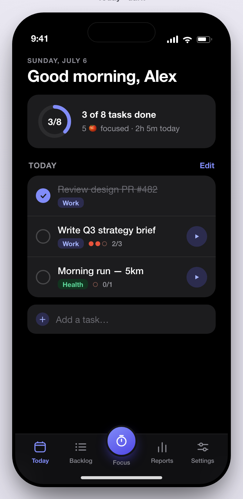 Deepday Today screen in dark mode